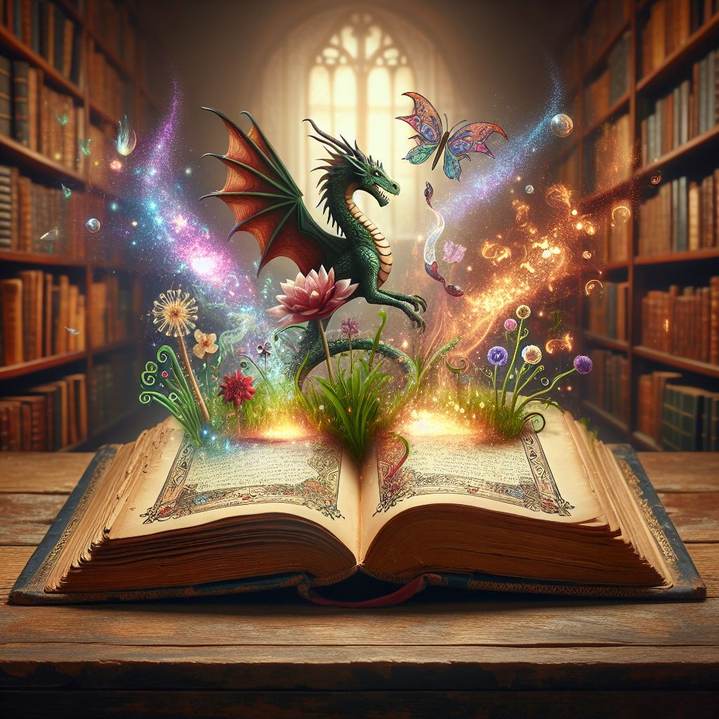 Image of a book on a desk with dragon and flowers coming out of it.